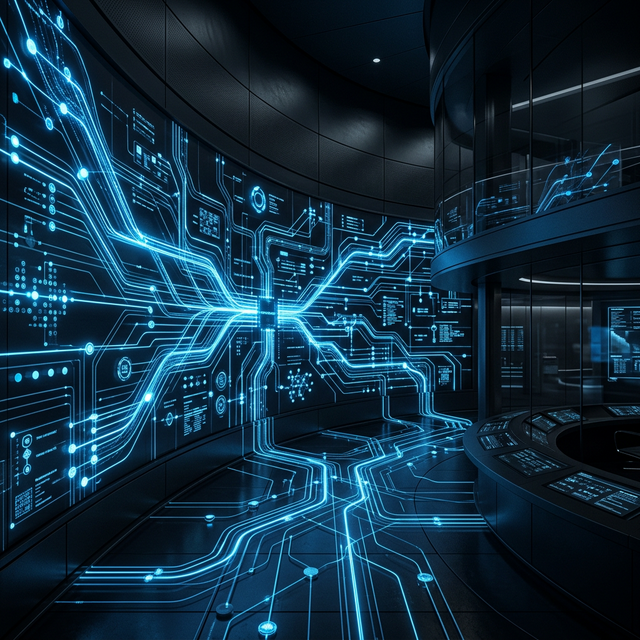 Abstract visualization of interconnected enterprise workflows